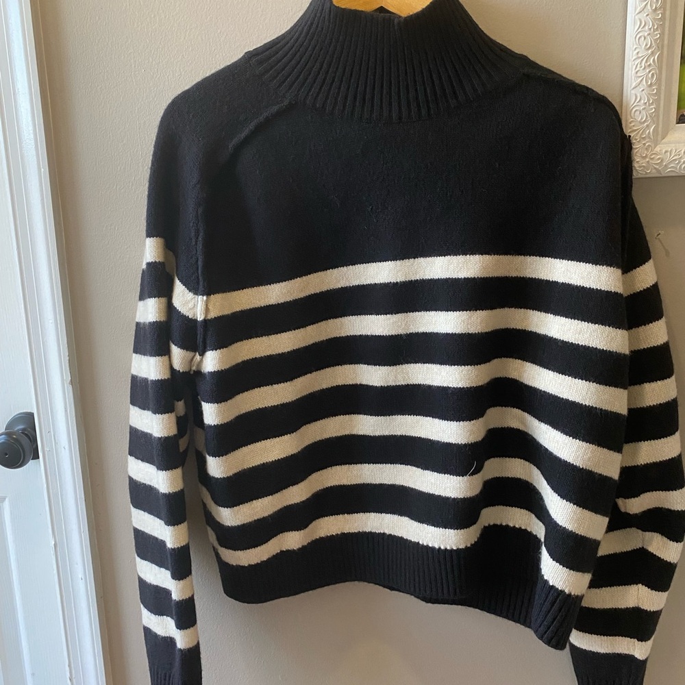 H&M Black & Tan Striped Cropped Turtleneck Sweater • NWT